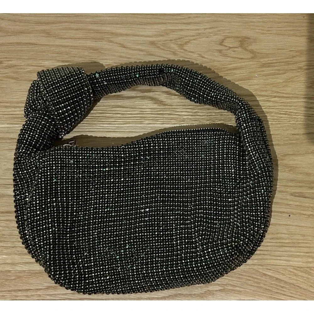 Madison West Knotted Emerald Green Rhinestone Gold Tone Dumpling Evening Handbag